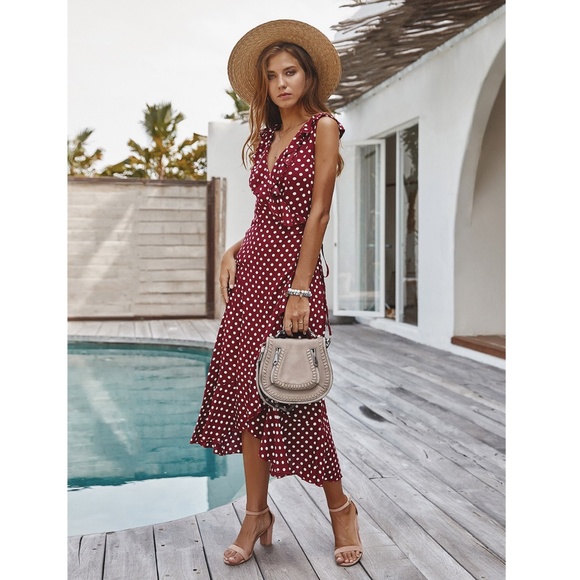 Burgundy Polka Dot Wrap Midi Dress - Picture 3 of 9